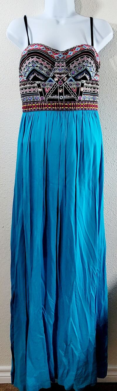 Soieblu Blue Multi Color Embroidered Strapless Maxi Dress Small Lightweight